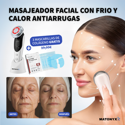 Masajeador Facial con frio y calor Antiarrugas + 3 Mascarillas de Colágeno GRATIS